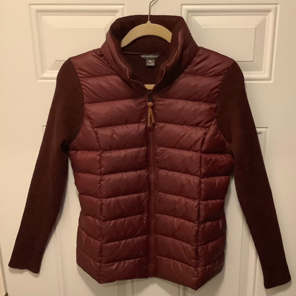 Eddie Bauer| Wool Blend Knit and Down Cardigan Burgundy Wine Slit Pockets Sz M
